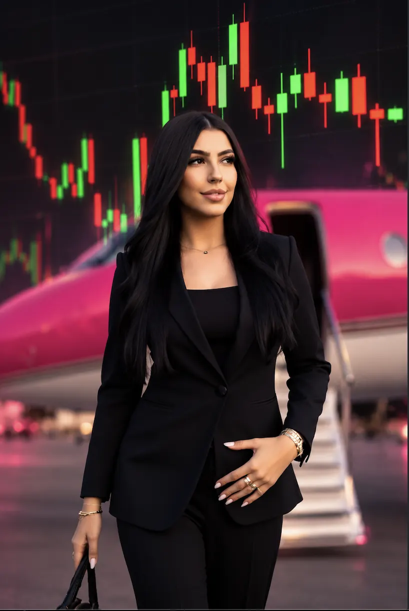 Lina Trader, com gráficos de mercado e avião rosa ao fundo